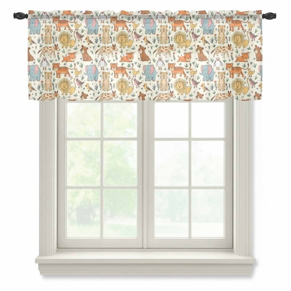 Cute Animals Zoo Valance Curtains for Kitchen/Living Room/Bathroom/Bedroom Window, Rod Pocket Small Topper Half Short Window Curtains Voile Sheer Scarf, Cartoon Funny Elephant Tiger 60"x18"