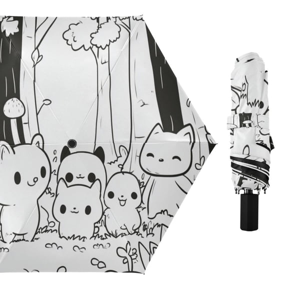 Cute Animals in Forest Compact Sun Umbrella Windproof Travel Umbrellas for Rain Strong Portable UV Protection