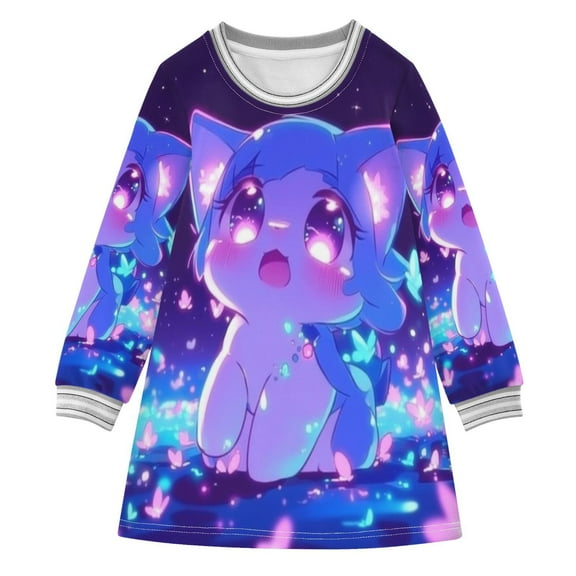 Cute Animated Cat Girls'long-sleeved dress Thickened A-dress Warm Dress Basic Shirt Party Dresses