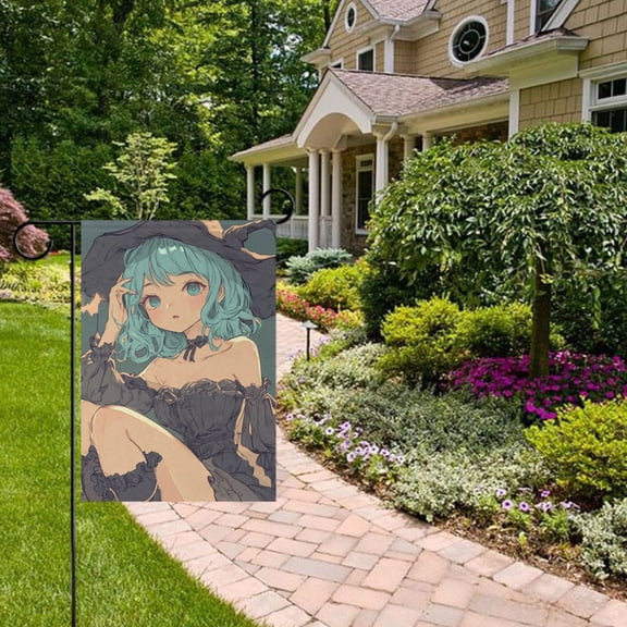 Cute Animation Style Witch Garden Flag 12x18 inch Double Sided Outside Yard Decorations for Home Outdoor