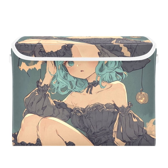 Cute Animation Style Witch Large Storage Bins with Linen Collapsible Lid Storage Box 16.7 x 12.6 x 11.8in
