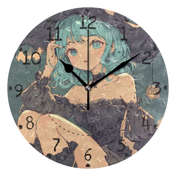 Cute Animation Style Witch Round Wall Clock Silent Battery Operated Home Decor for Living Room Bedroom