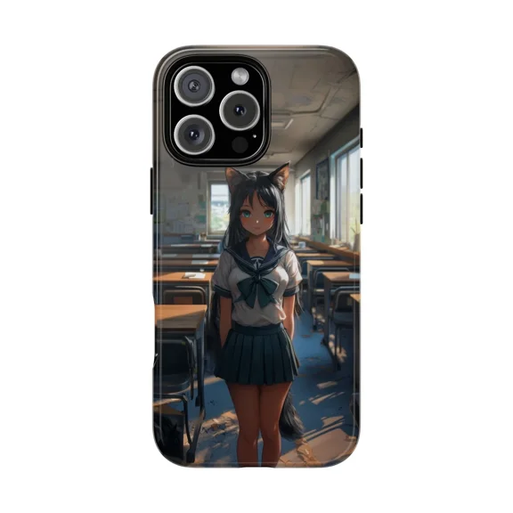 Cute Anime Cat Ears School Girl Style Phone Case for iPhone 11 12 13 14 15 16 17 Pro Max