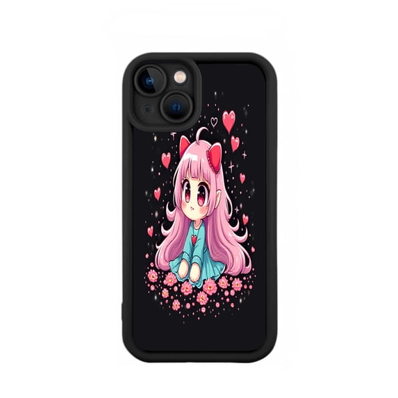 Cute Anime Cat Girl iPhone 15 Case - Lightweight Yellowing Resistant Pink Hearts & Sparkles Design Black Border Perfect Fit for iPhone 15