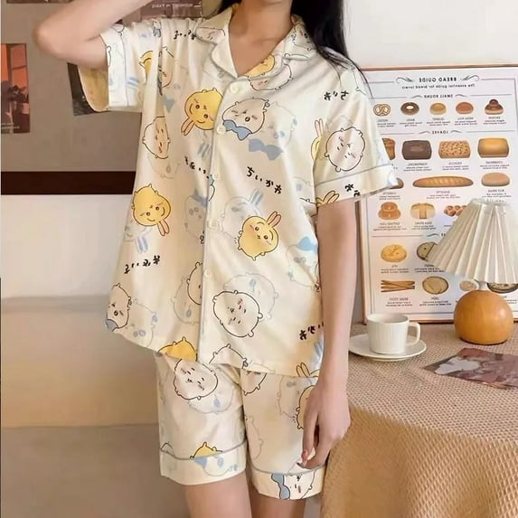 Cute Anime Chiikawa 2Pcs Pajamas Suit Kawaii Hachiware Summer Women Homewar Short Sleeve Pants Cartoon Student Sleepwear