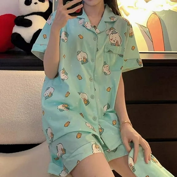Cute Anime Chiikawa Pajamas Suit Kawaii Hachiware Summer Women Short Sleeve Pants Cartoon Sleepwear