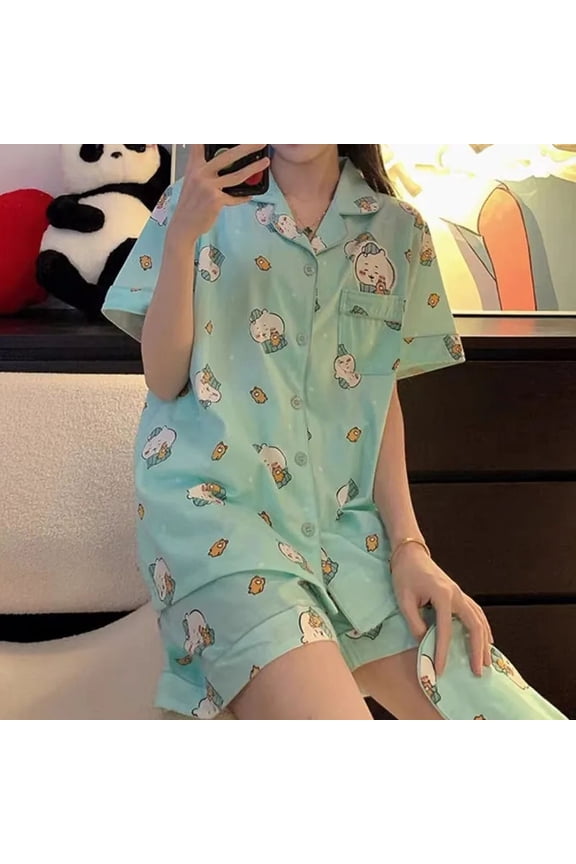 Cute Anime Chiikawa Pajamas Suit Kawaii Hachiware Summer Women Short Sleeve Pants Cartoon Sleepwear