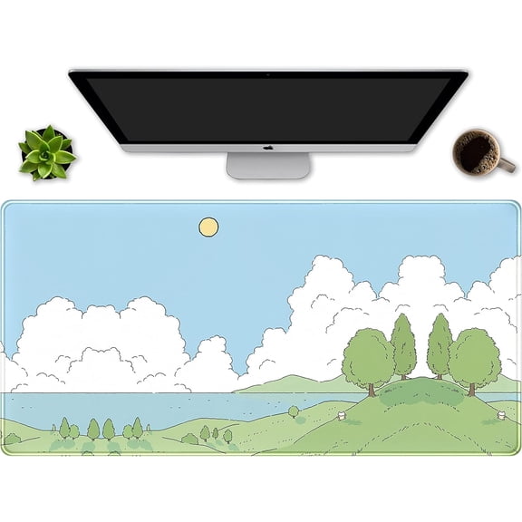 Cute Anime Desk Mat Kawaii Mousepad, Anime Street Aesthetics Desk Pad XXL, Japanese/Korean Lo-fi Drawing, Cute Green Blue Nature Mouse Pad Computer Keyboard Mat, Office Desk Pad Protector
