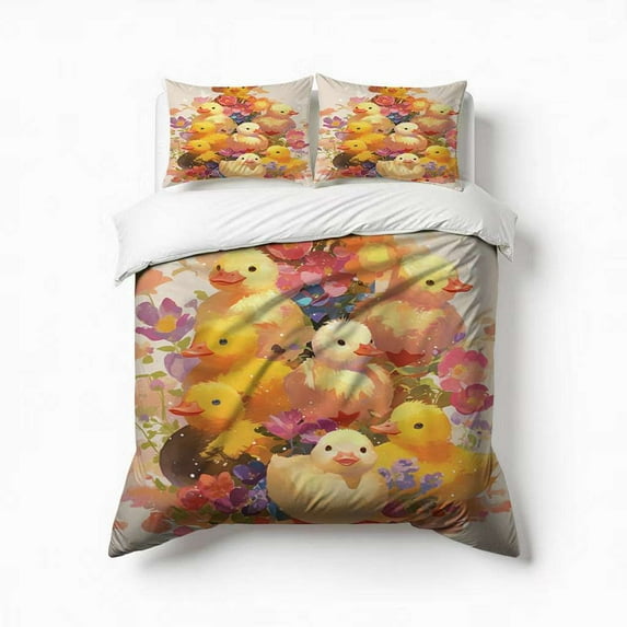 Cute Anime Duck With Flower Bedding Set 3 Pcs Soft Microfiber Quilt Cover For Bedroom Decor, Comforter Cover With 2 Pillowcase