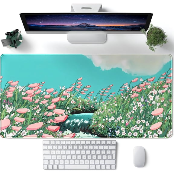 Cute Anime Floral Desk Mat Sage Green Large Mouse Pad XL Gaming Mousepad Kawaii Desk Keyboard Pad Laptop Computer Mouse Mat Cute Desk Decor Desk Pads On Top of Desks for Desktop 31.5''''X 15.7''''