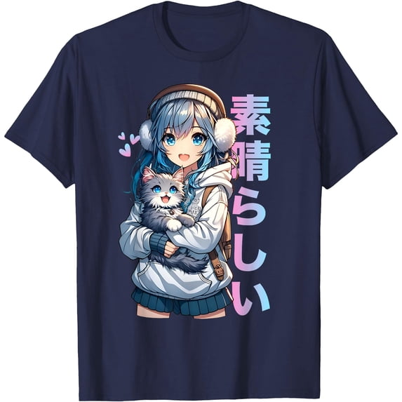 Cute Anime Girl with a Cat Kawaii Otaku Manga Softstyle Unisex T-Shirt,Navy Color,Size 3T
