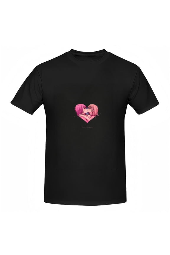 Cute Anime Kissing Characters Heart Graphic Tee for Women - Romantic Pink Hair Design Cotton Short Sleeve T-Shirt