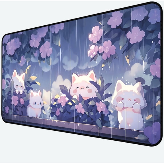 Cute Anime Office Desk Pad, White Cat Rain Keyboard and Mouse Pad XXL, Large Size Game Desk Mat, Purple Flower Laptop Desktop Pad, Women Kawaii Office Home Decoration Accessories 31.5"X15.7"