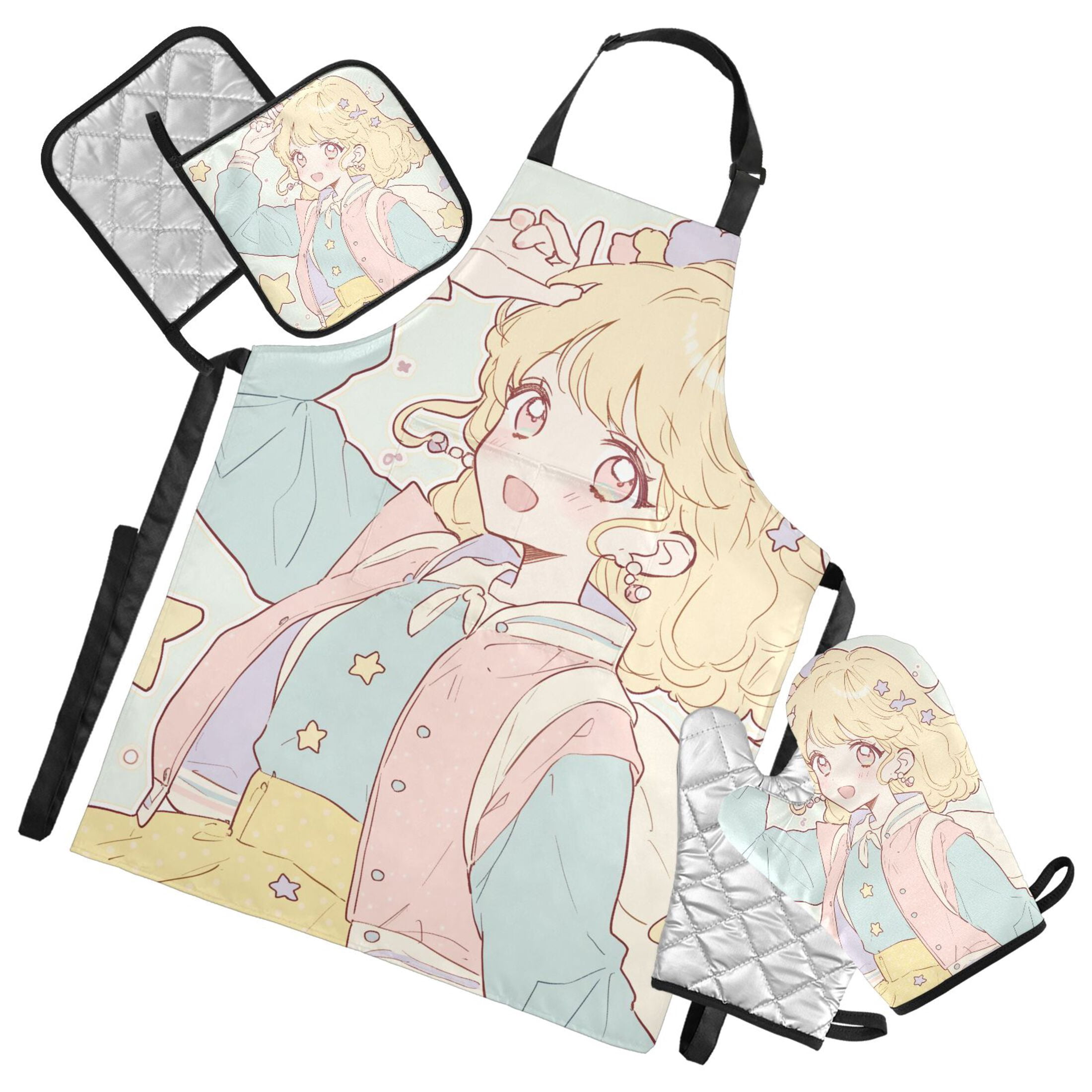 Cute Anime Schoolgirl 5 Pcs Kitchen Set Heat Resistant Oven Mitts and Non-Slip Pot Holders with Adjustable Cooking Apron