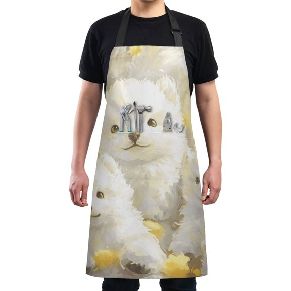 Cute Anime White Dogs Chef Kitchen Apron with Pockets for Women Waterproof Aprons for Cooking Baking