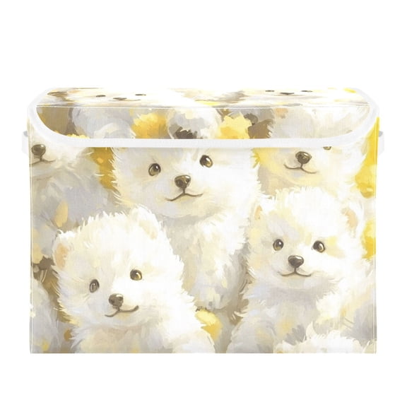 Cute Anime White Dogs Large Storage Bins with Linen Collapsible Lid Storage Box 16.7 x 12.6 x 11.8in