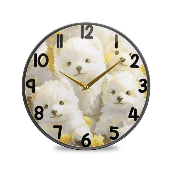 Cute Anime White Dogs Light Green Pink Lines Round Acrylic Wall Clock Silent Battery Operated Home Decor for Living Room Bedroom