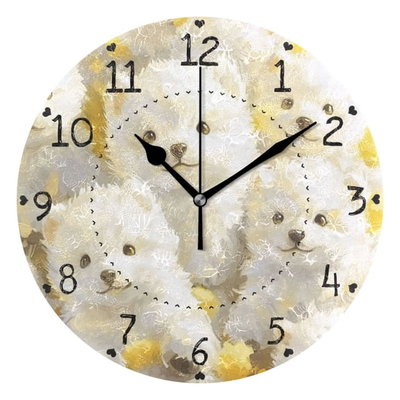 Cute Anime White Dogs Round Wall Clock Silent Battery Operated Home Decor for Living Room Bedroom
