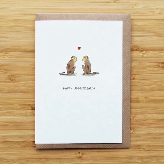 Cute Anniversary Card with Monkey Illustration and Heart Design, Ideal for Couples