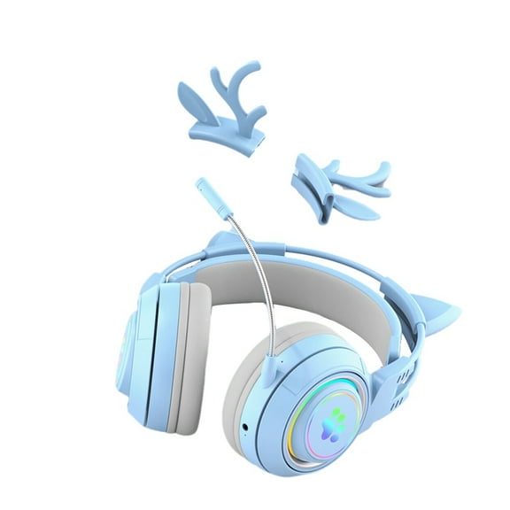 Cute Antlers Cat Ear Wireless Bluetooth Headphone Gamer Earphone Gaming Headset with RGB Light for Kid Blue