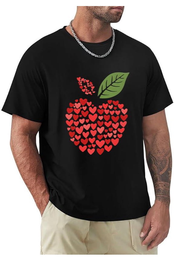Cute Apple Heart Pattern Fruit Graphic Autumn Teacher Fall Season T-shirt, for men & women, up to size 5XL.