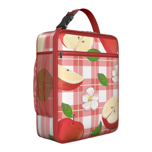 Cute Apple Lover Insulated Lunch Bag – Classic Red & Green Apple Pattern with Kawaii Cartoon Design, Aesthetic Fruit Print with Leaves and Candy Accents, Waterproof Thermal Bento Tote