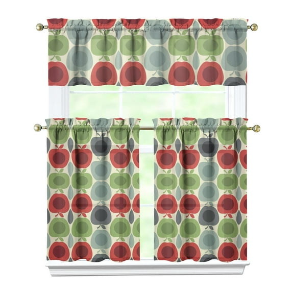 Cute Apple Lover Kitchen Curtains Set, Cartoon Fruit Print Tier and Valance, Funny Candy Apple Pattern with Leaves, Aesthetic Kawaii Design for Kitchen Window Decor