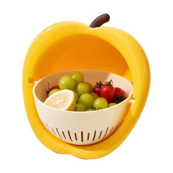 Cute Apple Shape Double Layer Colander, Kitchen Fruit and Vegetable Strainer Basket with Detachable Design Yellow