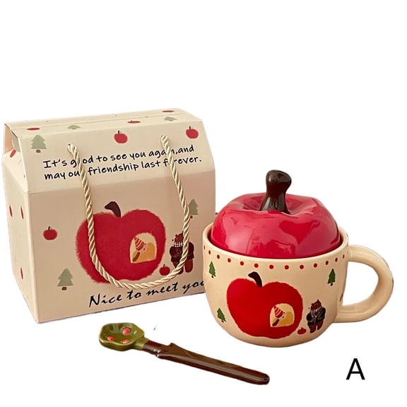 Cute Apple Shaped Ceramic Mug with Lid and Spoon - Aesthetic Tableware for Home Use and Gift