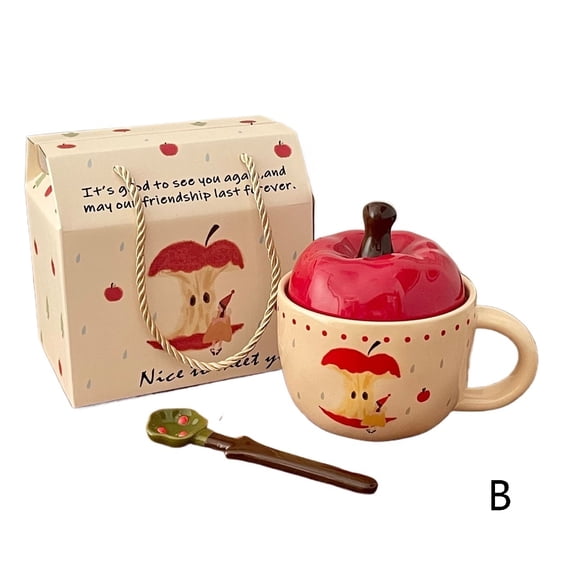Cute Apple Shaped Ceramic Mug with Lid and Spoon - Aesthetic Tableware for Home Use and Gift