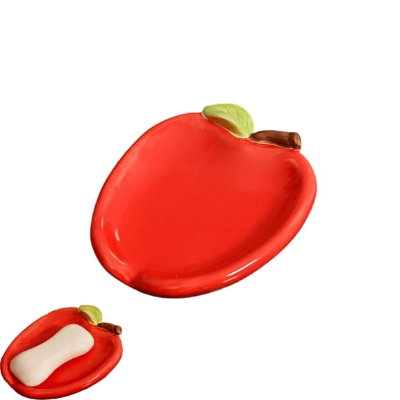 Cute Apple-Shaped Ceramic Soap Holder, Red Water-Draining Soap Dish, Decorative Soap Box for Bathroom Sink Countertop