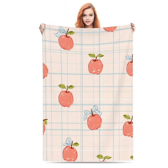 Cute Apples on Blue Checkered Background Lightweight Flannel Printed Blanket - Ultra Soft & Warm, All-Season Cozy Plush for Couch, Bed, Office, Camping Nap - Perfect Decorative Gift