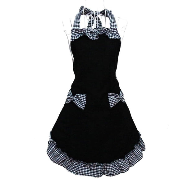 Cute Apron Retro Black Polka Dot Retro Ruffle Side Vintage Cooking Aprons with Pockets for Women Girl