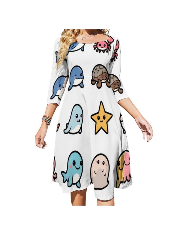 Cute Aquatic Animals-2 Womens Summer Dress Tie Back A Line Flare Dress
