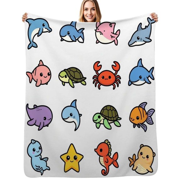 Cute Aquatic Animals Flannel Blanket Warm Soft Bedding Throws Winter Camping Chair Sofa Bed