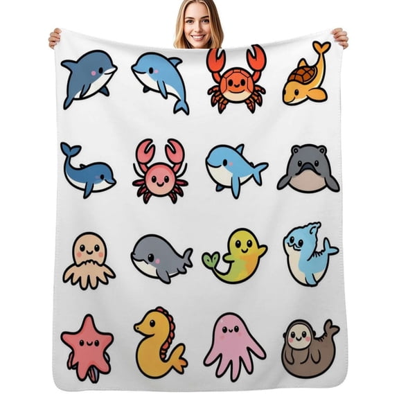 Cute Aquatic Animals Flannel Blankets Soft Throw Blanket Winter Travel Office Outdoor Bedspread
