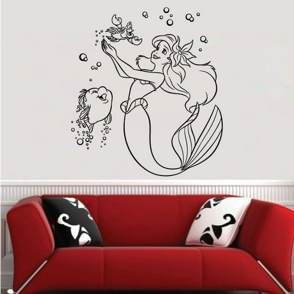 Cute Ariel Sebastian And Flaunder Friends Best Friends Cute Little Mermaid Disney Movie Silhouette Vinyl Wall Art Sticker Decal Home Room Baby Girls Teens Mermaid Wall Décor Design Size (10x10 inch)
