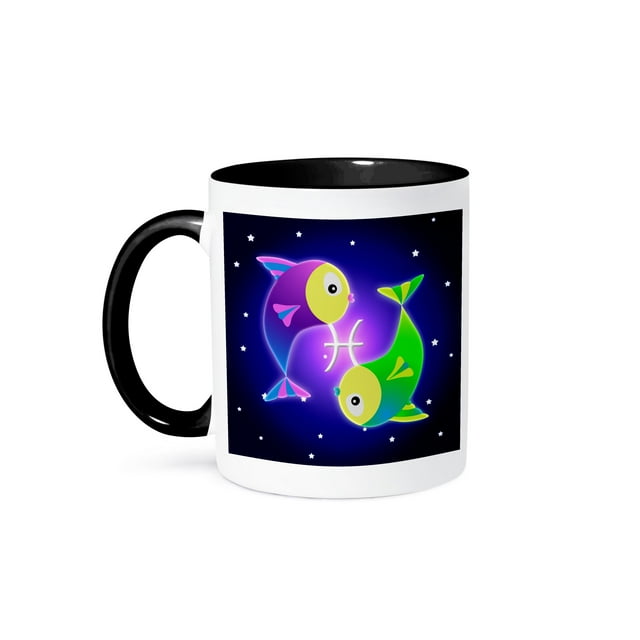 3dRose, Cute Astrology Pisces Zodiac Sign Fish, 11oz Two-Tone Black Mug