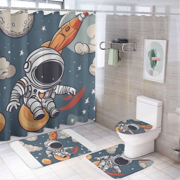 Cute Astronaut 4PCS Shower Curtain Sets with Rugs with Non-Slip Bath Mat Toilet Rug,72" X 72"
