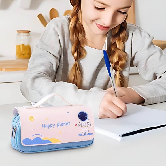 Cute Astronaut Double-Layer Pencil Case - Large Capacity Canvas & Leather School Supply Organizer, Space Theme Stationery Bag for Students, Office & Travel,A