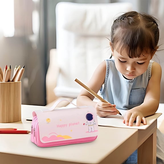 Cute Astronaut Double-Layer Pencil Case - Large Capacity Canvas & Leather School Supply Organizer, Space Theme Stationery Bag for Students, Office & Travel,D