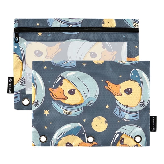 Cute Astronaut Duck Head 2 Pack Pencil Pouch for 3 Ring Binder Smooth Zipper Folders with Pockets Clear Window Pencil Case