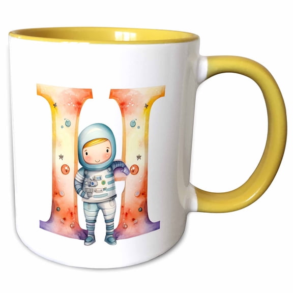 3drose, Cute Astronaut Monogram Initial H, 15oz Two-tone Yellow Mug