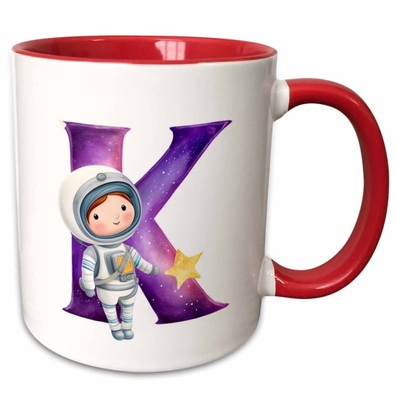 3drose, Cute Astronaut Monogram Initial K, 15oz Two-tone Red Mug