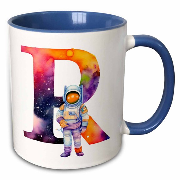 3drose, Cute Astronaut Monogram Initial R, 15oz Two-tone Blue Mug