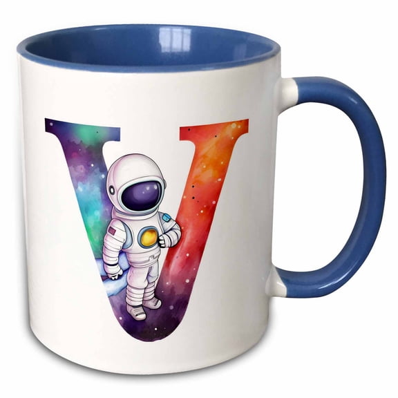 3drose, Cute Astronaut Monogram Initial V, 15oz Two-tone Blue Mug