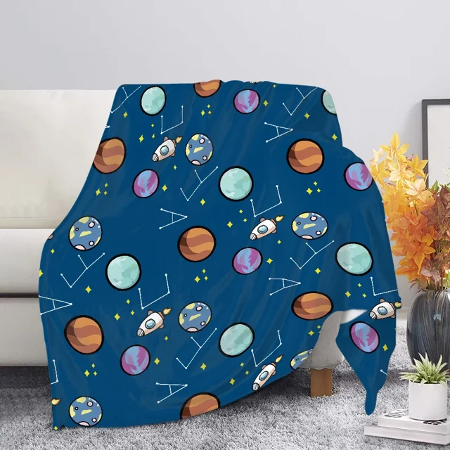 Cute Astronaut Pattern Flannel Throw Blanket Bedroom Sherpa Soft Warm