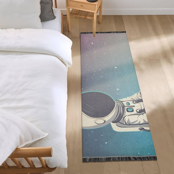 Cute Astronaut Sit on Planet Bedside Runner Rug 2'x 6' Non Slip Carpet Floor Mat Area Rug