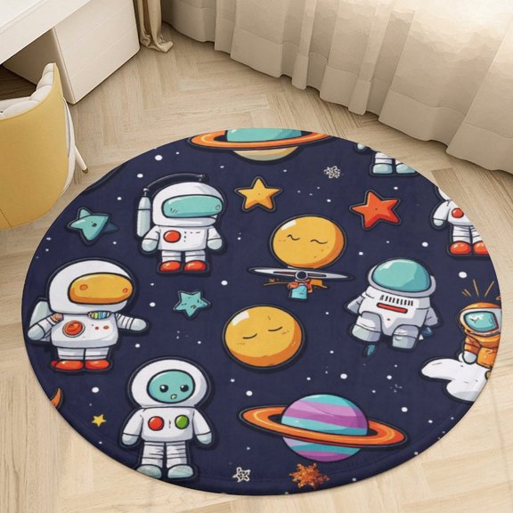 Cute Astronauts Space Adventure Round Area Rugs for Bedroom Living Room, 4FT Soft Indoor Circle Carpets, Carpet Home Decor Floor Mat