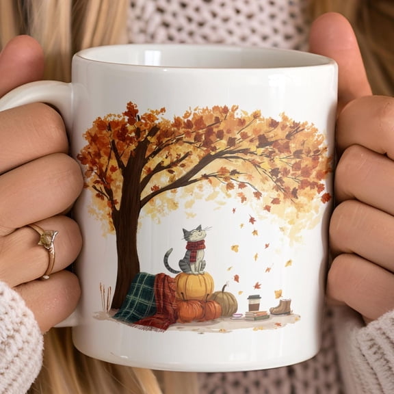 Cute Autumn Cat Ceramic Mug 1 Side, Fall Leaves Cup, It’s Fall Y’all Mug, Cozy Autumn Decor Gift for Her